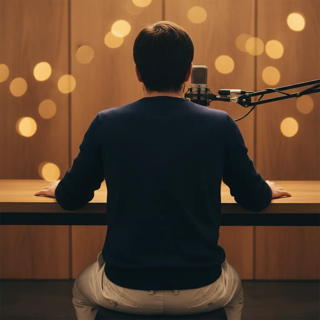 Anonieme persoon aan tafel in een studio-opname, rustige sfeer